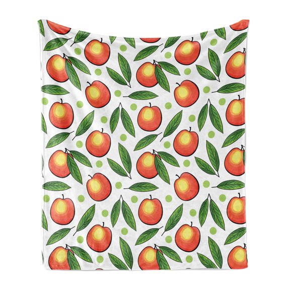 Fruits Soft Flannel Fleece Blanket, Repeated Peaches with Leaves and Polka Dots on Plain Background, Cozy Plush for Indoor and Outdoor Use, 50" x 60", White Vermilion and Fern Green, by Ambesonne