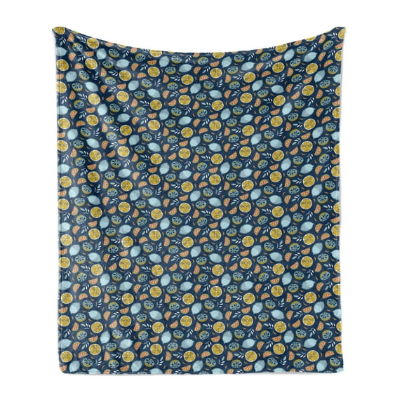 Fruits Soft Flannel Fleece Blanket, Sliced Lemons and Oranges Citrus Fruit and Leaves Pattern on Blue Shaded Background, Cozy Plush for Indoor and Outdoor Use, 50" x 60", Multicolor, by Ambesonne