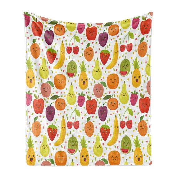 Fruits Soft Flannel Fleece Blanket, Smiling Banana Funny Mulberry Happy Apricot Peach Hearts Lemons Kids Nursery Theme, Cozy Plush for Indoor and Outdoor Use, 60" x 80", Multicolor, by Ambesonne