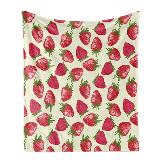 Fruits Soft Flannel Fleece Blanket, Strawberries Vivid Growth Plant Vitamin Organic Diet Refreshing Image, Cozy Plush for Indoor and Outdoor Use, 50" x 70", Eggshell Red Olive Green, by Ambesonne