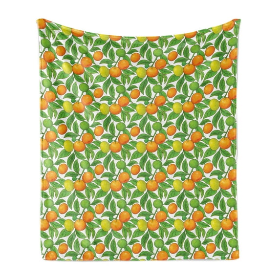 Fruits Soft Flannel Fleece Blanket, Summer Season Vitamin Mandarin on Tree Branches Leaves Nature Farming Graphic, Cozy Plush for Indoor and Outdoor Use, 70" x 90", Orange Lime Green, by Ambesonne