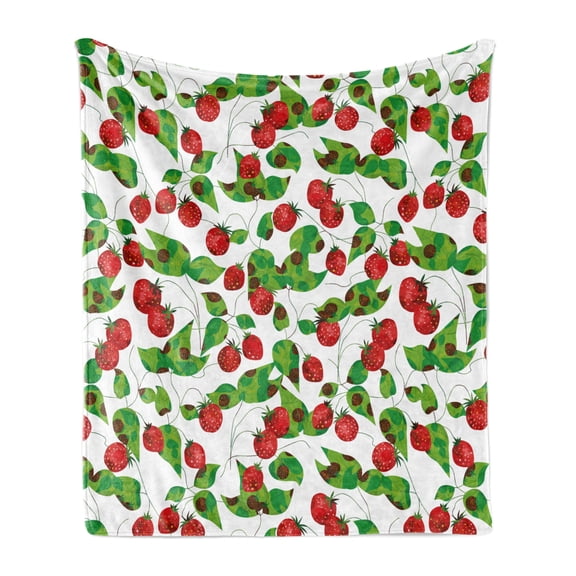 Fruits Soft Flannel Fleece Blanket, Summer Vibes with Strawberry Branch Garden Leaf Nature Joyful Season Print, Cozy Plush for Indoor and Outdoor Use, 50" x 60", Red Fern Green White, by Ambesonne