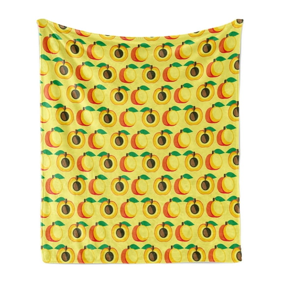 Fruits Soft Flannel Fleece Blanket, Symmetrical Pattern Illustration of Apricots as Whole and Half, Cozy Plush for Indoor and Outdoor Use, 50" x 60", Pastel Yellow Orange and Green, by Ambesonne