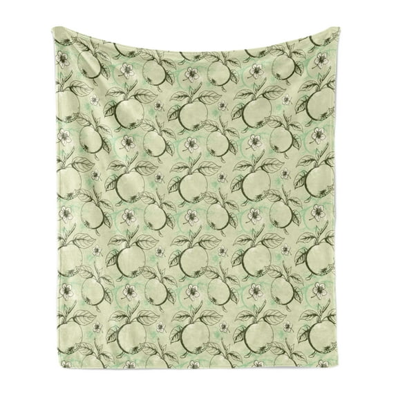 Fruits Soft Flannel Fleece Blanket, Vintage Style Abstract Composition with Apples Leaves Flowers Grunge Look, Cozy Plush for Indoor and Outdoor Use, 60" x 80", Olive Green Pale Green, by Ambesonne