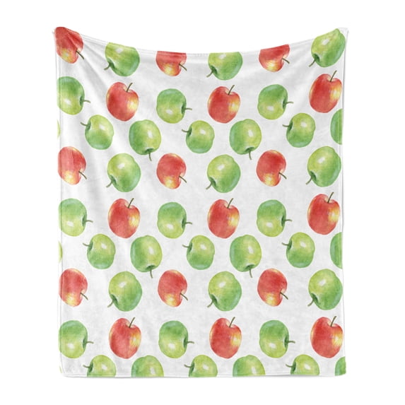 Fruits Soft Flannel Fleece Blanket, Watercolor Illustration of Granny Smiths and Celesta Brush Strokes Effect, Cozy Plush for Indoor and Outdoor Use, 50" x 70", Dark Coral Apple Green, by Ambesonne