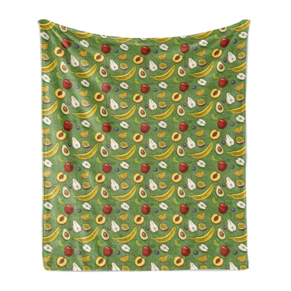 Fruits Soft Flannel Fleece Throw Blanket, Avocado Apples Banana Grapes Lime Healthy Peach Orange Theme Pattern, Cozy Plush for Indoor and Outdoor Use, 50" x 60", Green Multicolor, by Ambesonne