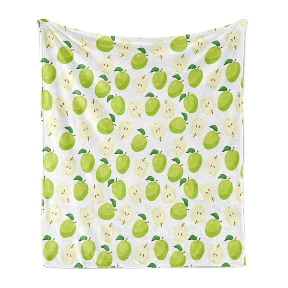 Fruits Soft Flannel Fleece Throw Blanket, Cartoon Style Green Stalks Core and Anatomy of an Apple, Cozy Plush for Indoor and Outdoor Use, 70" x 90", Brown Yellow Green Cream, by Ambesonne