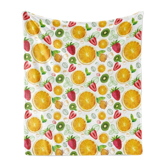 Fruits Soft Flannel Fleece Throw Blanket, Citrus Kiwi Lemon Leaves Apricot Watermelon Fresh Exotic Kitchen, Cozy Plush for Indoor and Outdoor Use, 60" x 80", Earth Yellow Lime Green, by Ambesonne