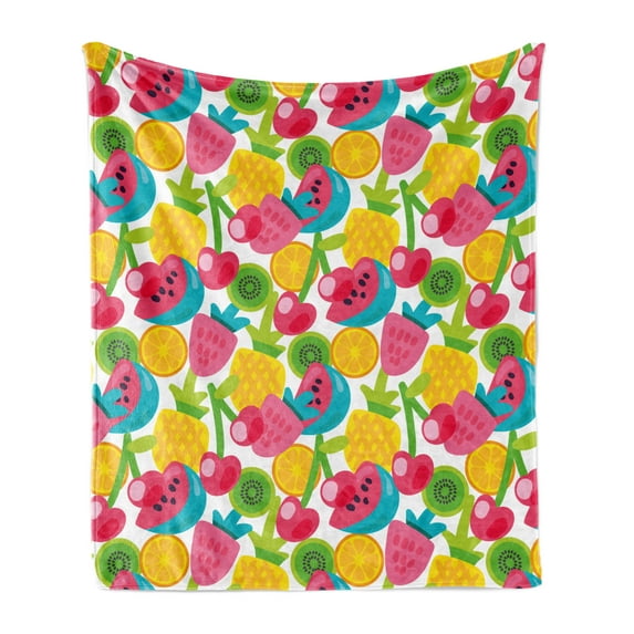 Fruits Soft Flannel Fleece Throw Blanket, Clutter of Summer Time Food and Berries Tasty and Healthy Botanical Fresh Items, Cozy Plush for Indoor and Outdoor Use, 60" x 80", Multicolor, by Ambesonne