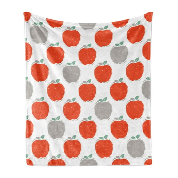 Fruits Soft Flannel Fleece Throw Blanket, Doodle Style Fruit Silhouettes Healthy Apple Sketches Agriculture, Cozy Plush for Indoor and Outdoor Use, 70" x 90", Scarlet Pale Grey Teal, by Ambesonne
