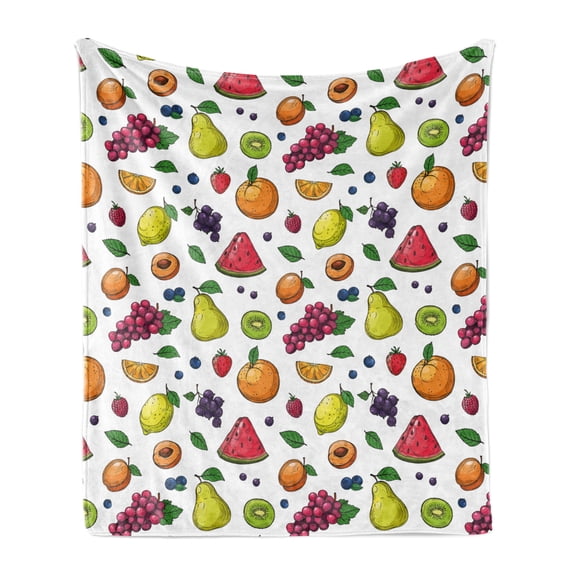 Fruits Soft Flannel Fleece Throw Blanket, Grapes Kiwi Orange Lemon Pear Watermelon Slice Strawberry Tasty Theme Print, Cozy Plush for Indoor and Outdoor Use, 50" x 70", White Multicolor, by Ambesonne