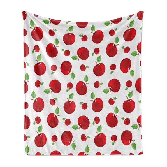 Fruits Soft Flannel Fleece Throw Blanket, Vivid Colored Cartoon Style Ripe Red Apples Vitamins Taste Healthy Food, Cozy Plush for Indoor and Outdoor Use, 70" x 90", Red Green White, by Ambesonne