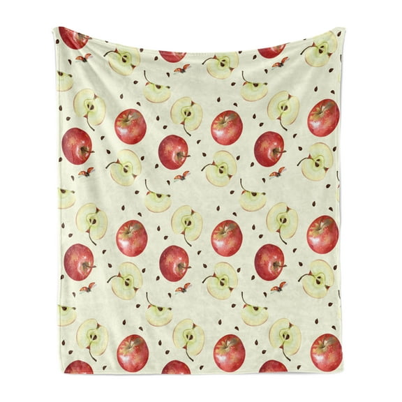 Fruits Soft Flannel Fleece Throw Blanket, Winter Groceries Homeopathic Ingredients with Ladybug Motifs, Cozy Plush for Indoor and Outdoor Use, 50" x 60", Cream Ruby Umber, by Ambesonne