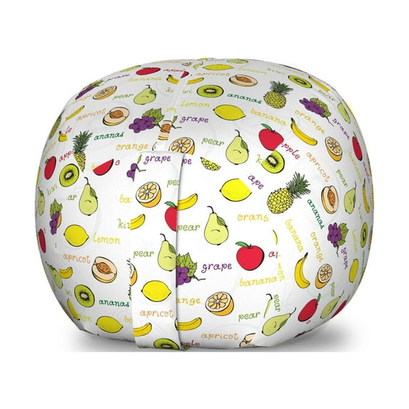 Fruits Storage Toy Bag Chair, Kiwi Banana Plums Lemon Orange Pear Grape Apricot Kitchen Food Print, Stuffed Animal Organizer Washable Bag, Small Size, Purple Yellow Ruby, by Ambesonne