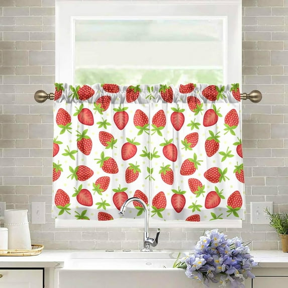 Fruits Strawberry Kitchen Curtains Cafe Curtains Washable Short Curtains for Small Window Bathroom Farmhouse Kitchen Basement Half Window Curtain, 27 x 24 inch Length, 2 Panels