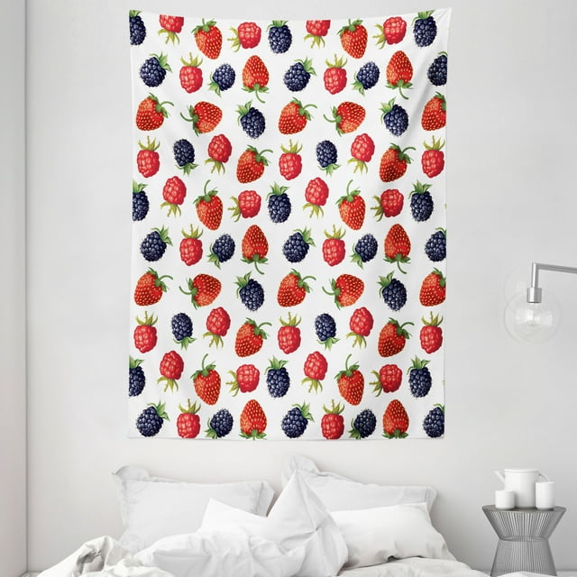 Fruits Tapestry, Delicious Ripe Berry Print Strawberries Raspberries Blackberries Summer Fruits Image, Wall Hanging for Bedroom Living Room Dorm Decor, 60W X 80L Inches, Plum Red, by Ambesonne