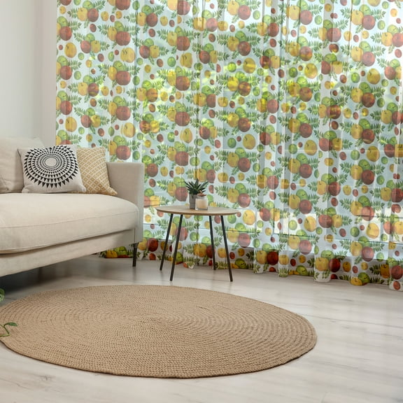 Fruits Tulle Curtains with Rod Pocket, Apple Harvest Theme with Fruit and Leaves Autumn Season, Sheer Drape for Wedding Party 2 Panels, 7 Sizes, Burnt Sienna Yellow, by Ambesonne