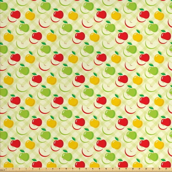 Fruits Upholstery Fabric by the Yard, Diagonal Checkered Pattern with Apples and Slices Retro Country Kitchen Theme, Decorative Fabric for DIY and Home Accents, Green Red Yellow by Ambesonne