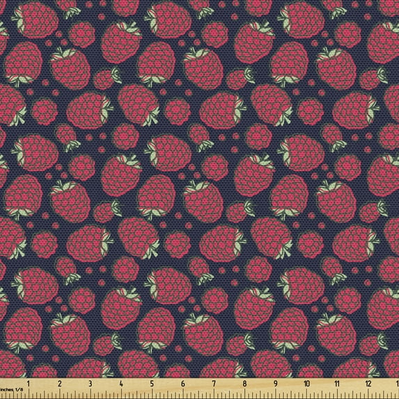 Ambesonne Fruits Fabric by the Yard Upholstery, Pastel Raspberries on Dark, 3 Yards, Dark Pink Night Blue