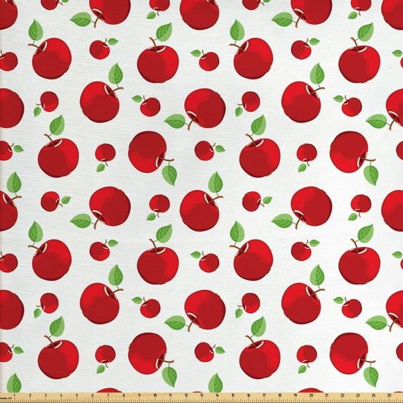 Ambesonne Fruits Fabric by the Yard Upholstery, Cartoon Pattern Red Apples, 10 Yards, White Green and Dark Pink