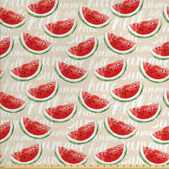 Ambesonne Fruits Fabric by the Yard Upholstery, Watercolor Watermelons, 5 Yards, Cream Red Jade Green