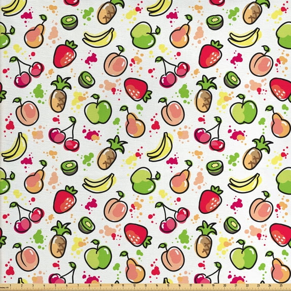 Ambesonne Fruits Fabric by the Yard Upholstery, Watercolor Pear, 3 Yards, Peach Lime Green Red