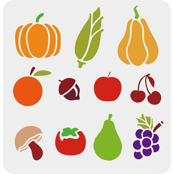 Fruits Vegetables Stencil 11.8x11.8inch Plastic Orange Fruit Cherry Grape Pear Stencils Pumpkin Corn Acorn Tomatoes Mushrooms Stencils