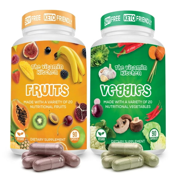 Fruits and Veggies Supplement- 90 Fruit and 90 Veggie Superfood Capsules-Soy and Vegan Free,100% Whole Natural Fruits and Vegetable Supplements for Adults by The Vitamin Kitchen (2-Pack)