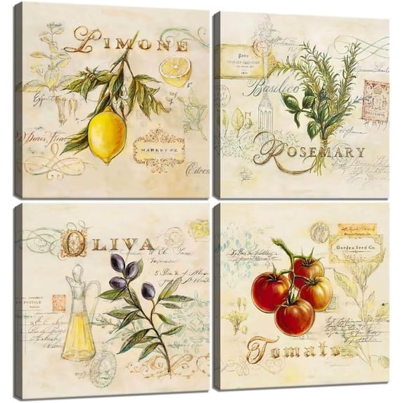 Fruits Wall Art for Kitchen Lemon Rosemary Oliva Tomato Wall Decor Retro Canvas Pictures Abstract Framed Artwork Modern Print Painting for Dining Room Home Walls Decoration 16''''x16'''' x 4Pcs