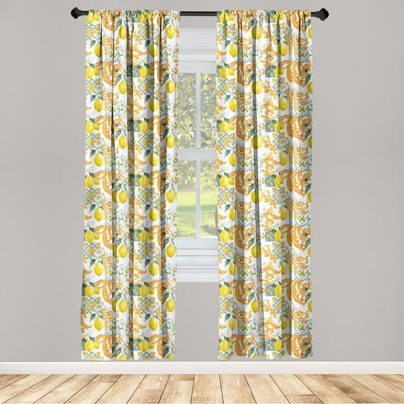 Fruits Window Curtains, Nature Themed Lemon Illustration Watercolor Style With Floral Ornaments, Lightweight Decor 2-Panel Set with Rod Pocket, Pair of - 28"x95", Pastel Yellow Marigold, by Ambesonne