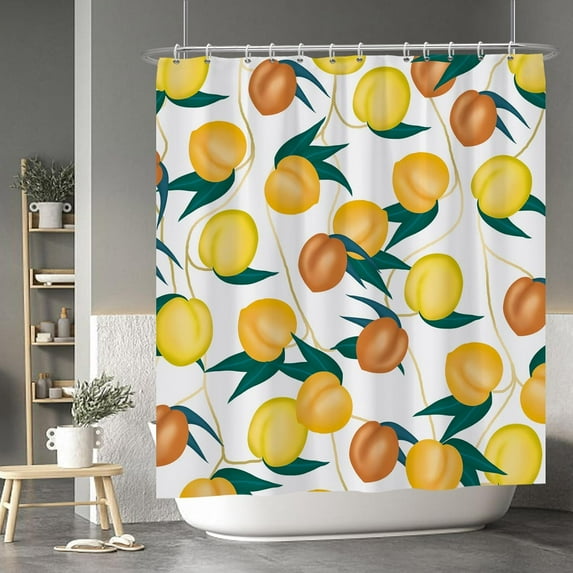Fruits Yellow Peach Shower Curtain Green Leaf Urban Rustic Theme Shower Curtain for Bathroom Fresh Style Bathroom Decorations Waterproof Durable Fabric Shower Curtain with Hooks 72x72 Inches