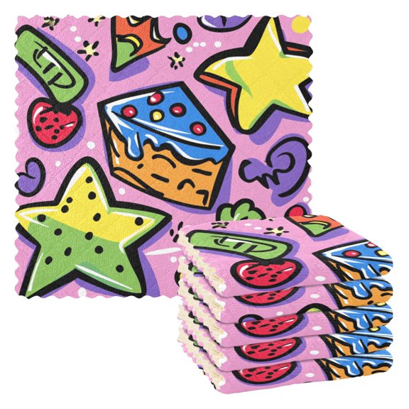 Fruits and Cakes 6 Pack Kitchen Cleaning Cloths 11'' x 11'', Super Absorbent, Soft Double Layer Plush for Dish and Surface Cleaning