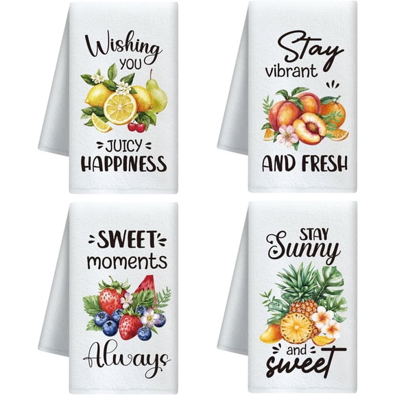 Fruits and Happiness Decorative Kitchen Towels Set of 4 Soft Absorbent Microfiber Dish Towel for Kitchen Tea Coffee Bar Home Best Gift DIY