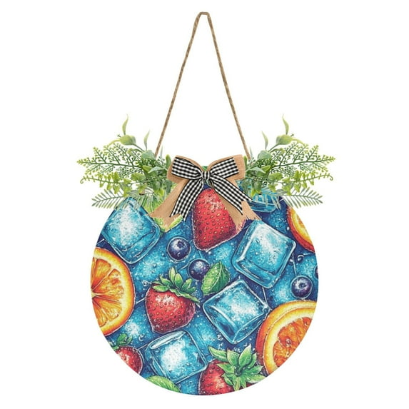 Fruits and Ice on Blue Front Door Porch Decoration Hanging Sign with Artificial Green Plants and Bow for Home Outdoor Indoor