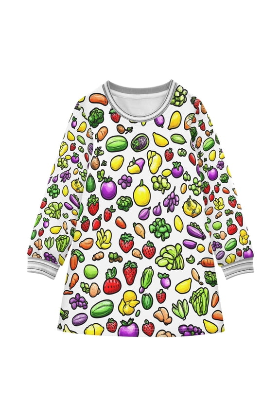 Fruits and Vegetables Pattern Girls'long-sleeved dress Thickened A-dress Warm Dress Basic Shirt Party Dresses