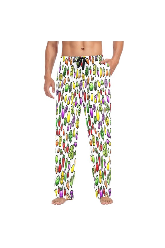 Fruits and Vegetables Pattern Mens Cotton Pajama Pants Long Staple Lightweight Sleep Bottoms with Pockets Breathable