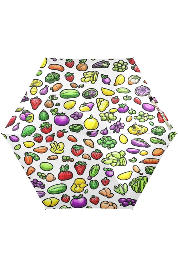Fruits and Vegetables Pattern Umbrellas for Sun Auto Open Close UV50+ Waterproof 5-Fold Compact Fiberglass Frame