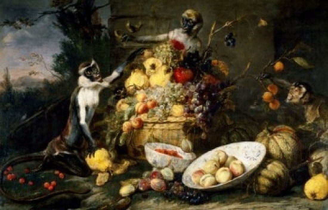 Fruits and Vegetables with Monkey Parrot and Squirrel by Frans Snyder 1579-1657 Canvas Art - Frans Snyder (24 x 36)