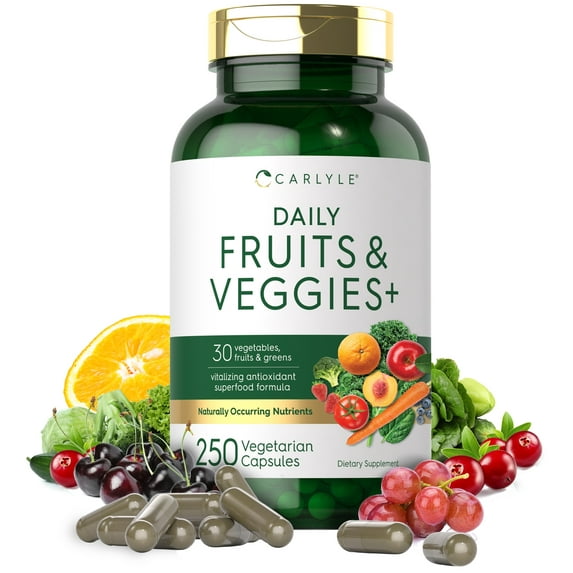 Fruits and Veggies Supplement | 250 Capsules | Vegetarian Formula for Men and Women | by Carlyle