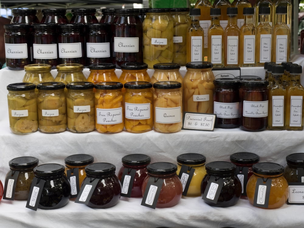 Fruits in jars for sale for sale at street market Hawkes Bay Hastings North Island New Zealand Canvas Art - Panoramic Images (18 x 24)