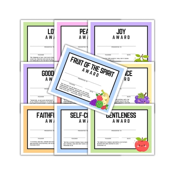Fruits of the Spirit Awards 10pk 8.5x11 VBS Certificate of Completion Bible School Sunday Class Attendance Participation