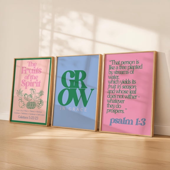 Fruits of the Spirit Wall Art Retro Christian Art Grow in Grace Bible Verse Psalm 1:3 Set 3 Unframed Paper Print 12x18