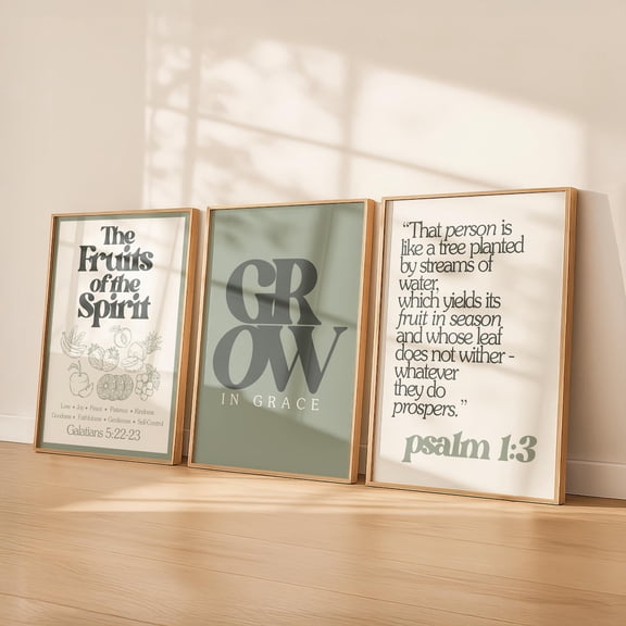 Fruits of the Spirit Wall Art Sage Green Christian Art Grow in Grace Bible Verse Psalm 1:3 Set 3 Unframed Paper Print 8x12