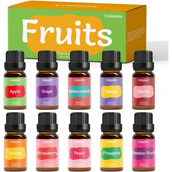 Fruity Fragrance Oil Set, 10x10ml, Essential Oils for Diffusers for Home, Fruit Diffuser Oil Scents, Fragrance Oil for Candle Soap Making, Orange, Strawberry, Apple Oil & More, Valentines Gift