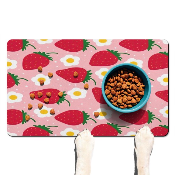 Fruity Kawaii Pet Food Mat - Absorbent Dog Bowl Mat with Cartoon Strawberries and Flowers