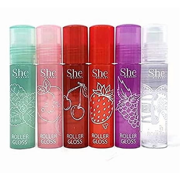 Fruity-Pop Roller Gloss by S.he Makeup; Smooth Glass Like Shine Lip Glosses, Complete Set of All 6 Flavor Scents 0.22oz / 6.3g