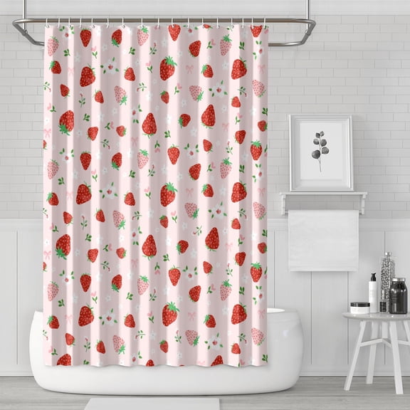 Fruity Strawberry Shower Curtain 72" x 72" Fresh Berries & Flowers Print Premium Polyester Fabric Quick-Dry & Fade-Resistant
