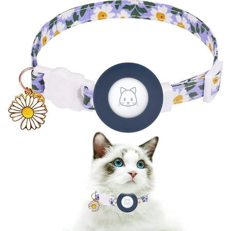 Frusde Airtag Cat Collar, Kitten Collar Breakaway with Silicone Airtag Holder with Bell Flower Charms for Cats Kittens Puppies-Blue