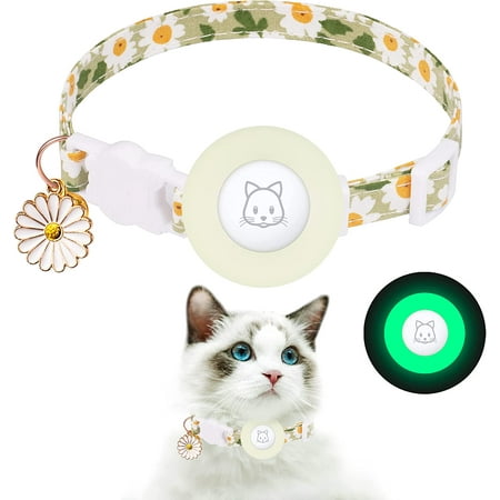 Frusde Airtag Cat Collar, Kitten Collar Breakaway with Silicone Airtag Holder with Bell Flower Charms for Cats Kittens Puppies-Green