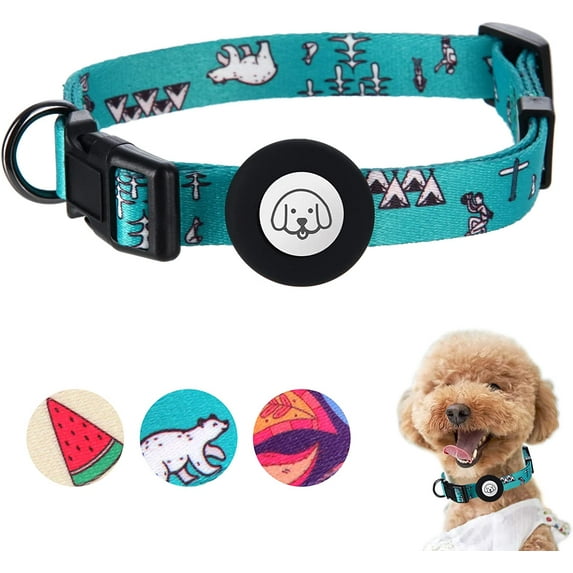 Frusde Airtag Dog Collar Compatible with Apple Air Tag Adjustable Dog Collar with Cute Patterns for Small Medium Large Pet Puppy-Blue